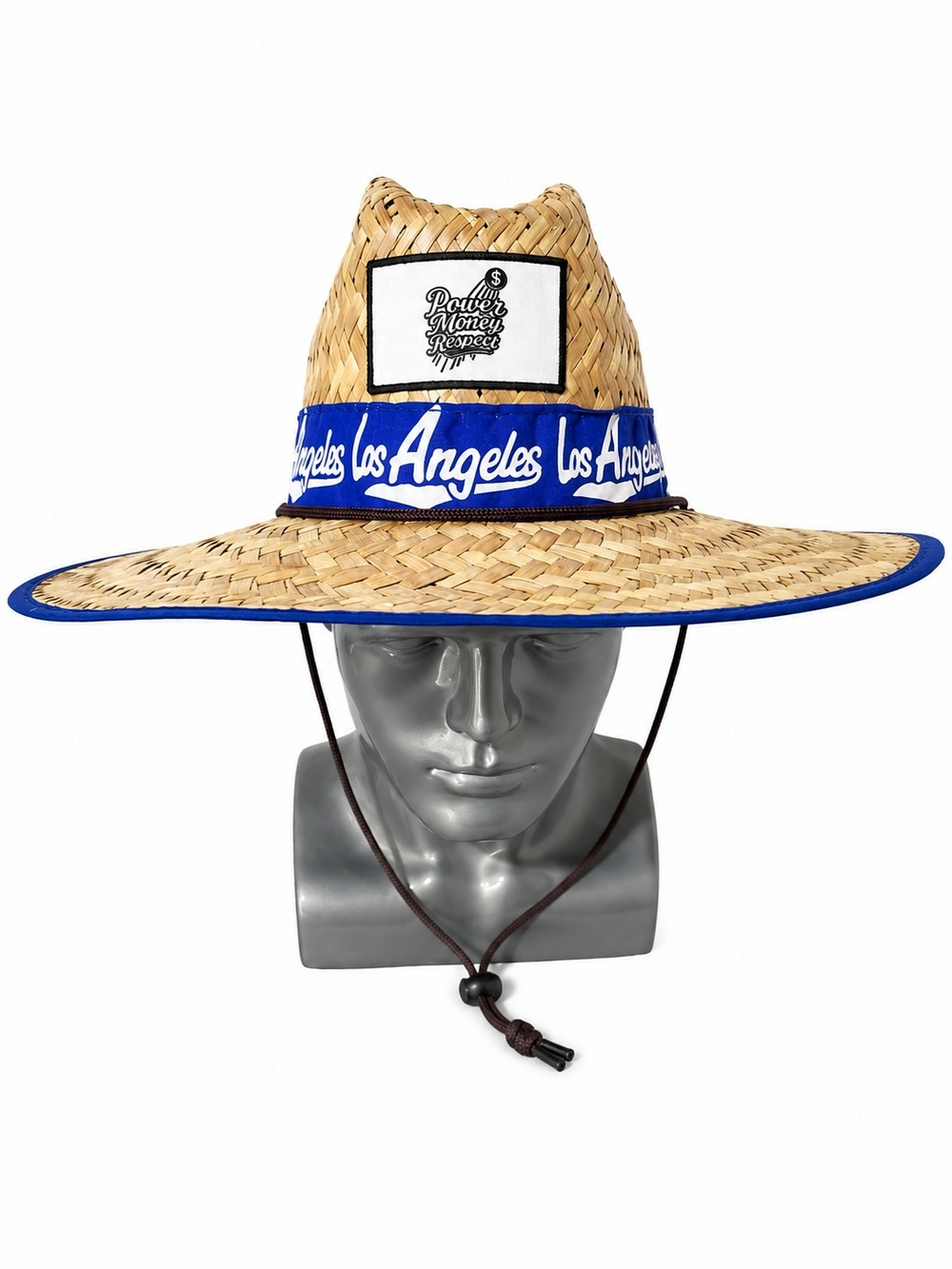 Power Money Respect Patch Los Angeles Straw Sun Hat with Blue Trim and Chin